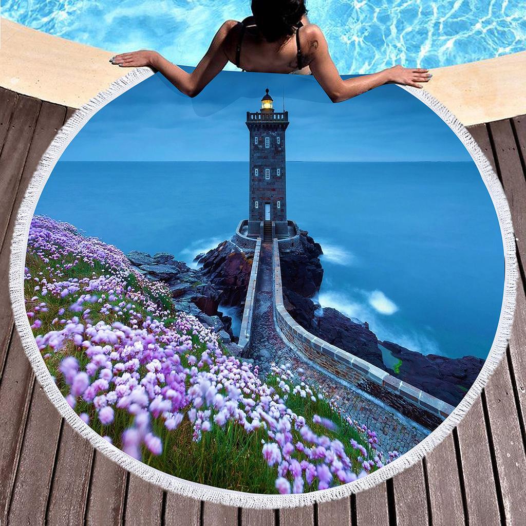 Lighthouse Round Beach Towel with Tassels Microfiber Quick Dry Beach Blanket Sand Free Absorbent Swim Pool Circle Towel Yoga Mat