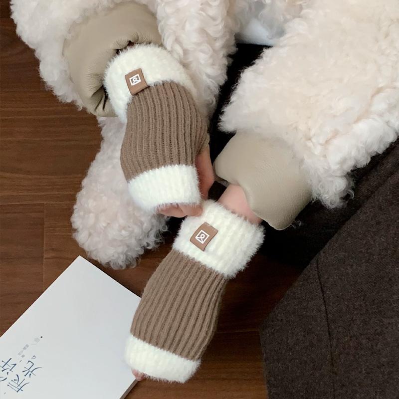 1Pair Fingerless Gloves Solid Color Plush Warm Knitted Soft Half-Finger Flexible Cold-proof