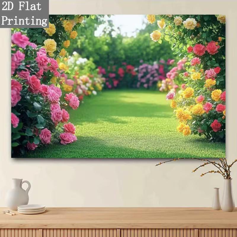 2D Floral Backdrop Green Lawn Rose Garden Party Background