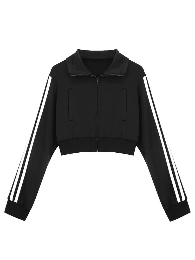 Women's Slim-Fit American Retro Three-Stripe Long-Sleeve Sporty Zip-Up Jacket with Stand-Up Collar