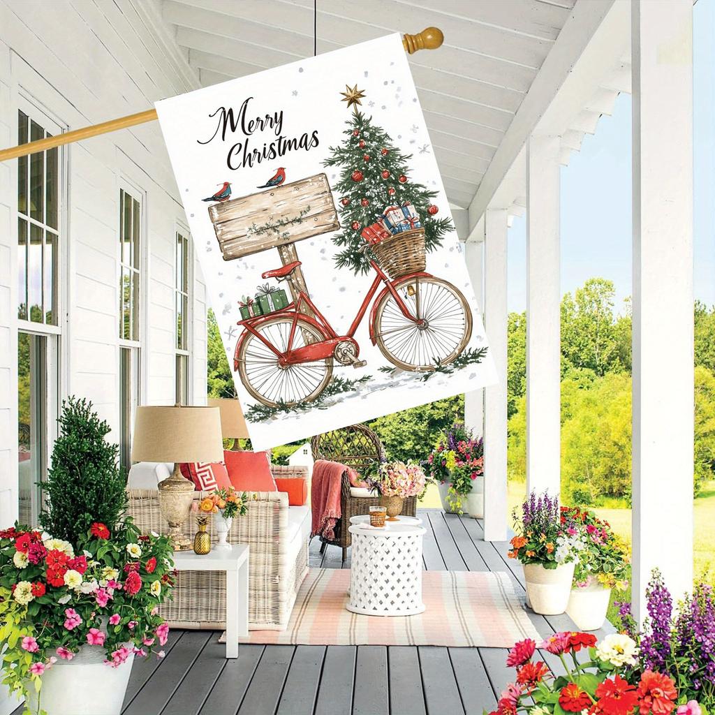 Merry Christmas Bicycle Garden Flag Double-Sided Polyester Flag for Yard, Lawn, and Garden Decor, Festive Seasonal Banner, No Electricity Needed - 1