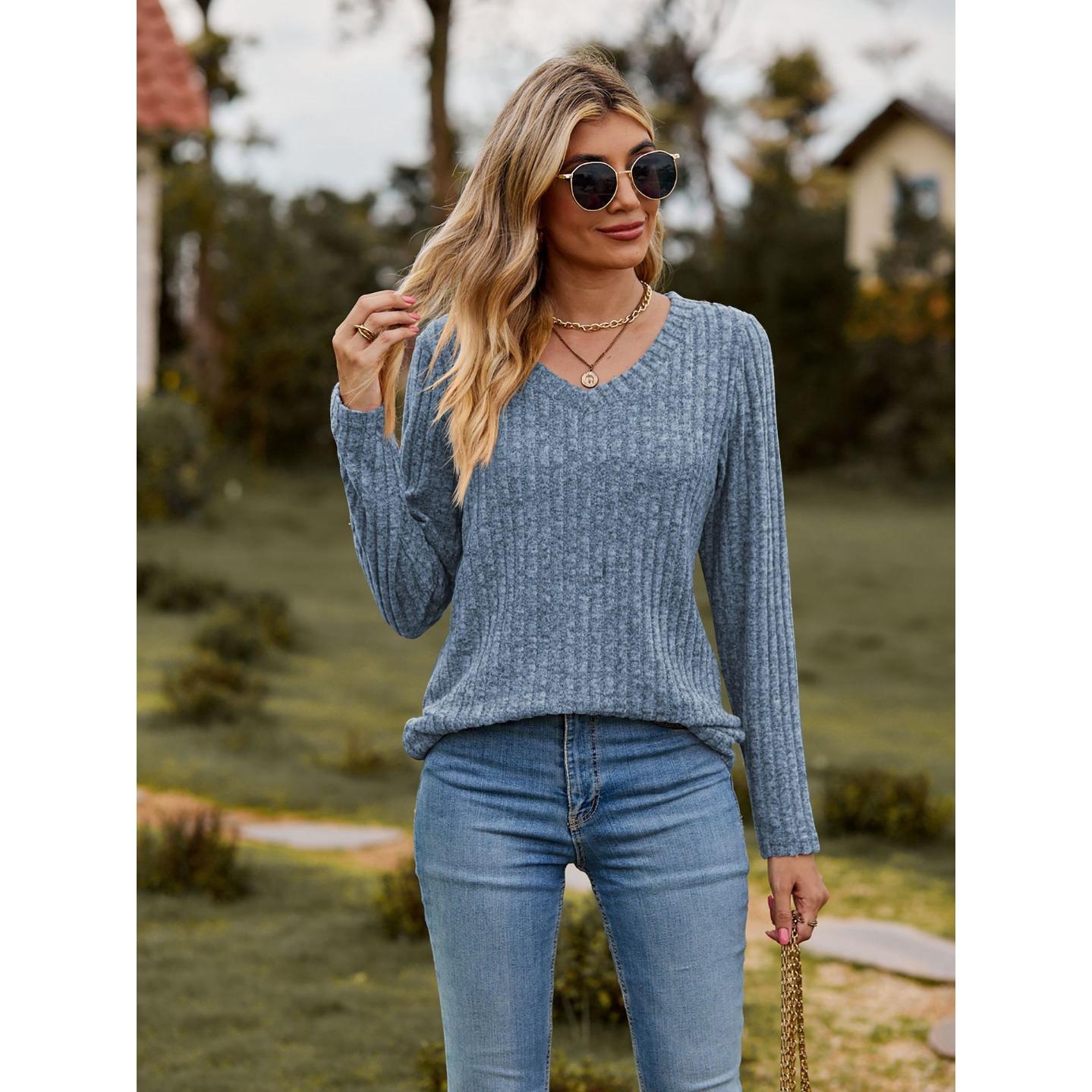

GMXIA Autumn Women s V-neck Wool Pit Strip Solid Color Top Long Sleeve T-shirt L синий