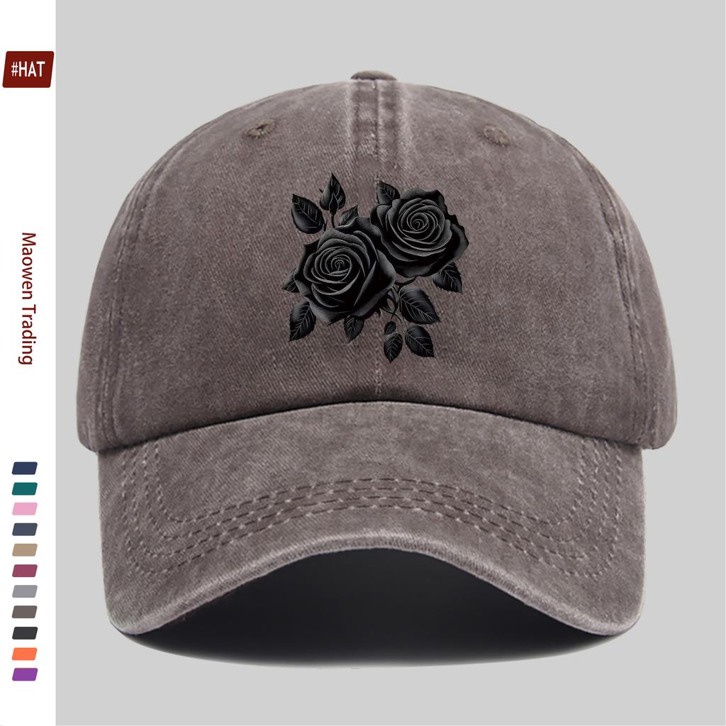 pc Elegant Black Rose Pattern Printed Baseball Cap Truck Driver Papa Hat Comfortable Lightweight Headwear Adjustable Closure