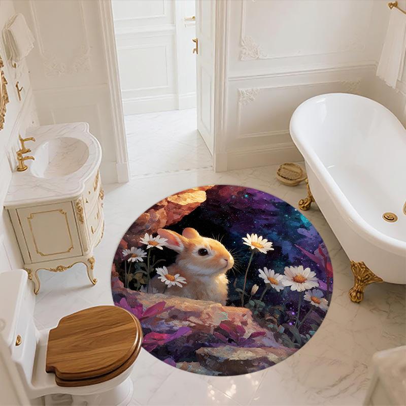 Rabbits in Flower Bush,Round Area Rug,Carpet Rug for Living Room Bedroom Sofa Playroom Decor,Non-slip Floor Mat