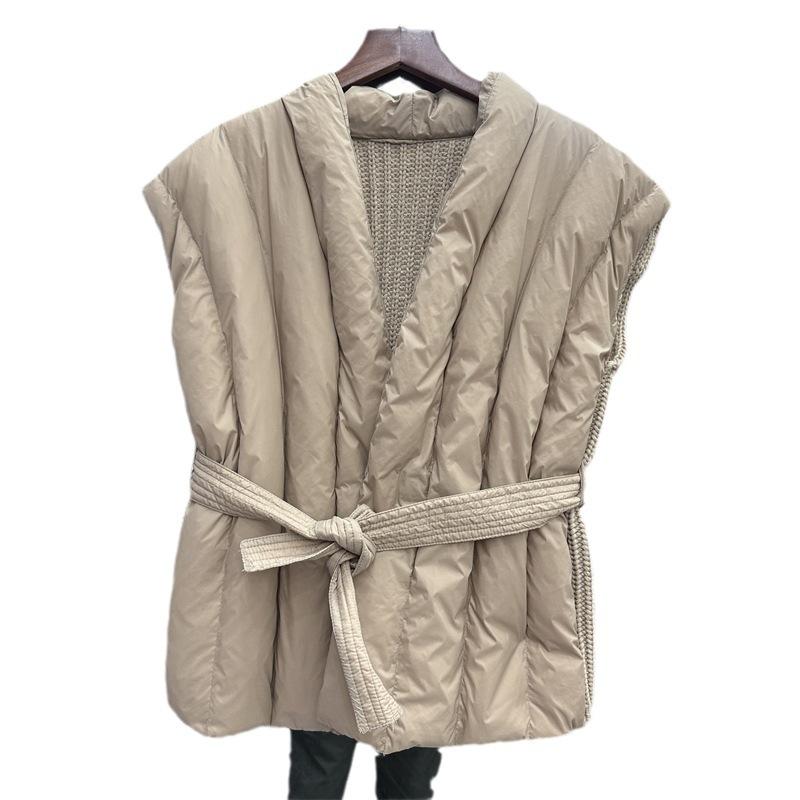 Magnet buckle waist down vest women's new back knitted white duck down vest fashion vest