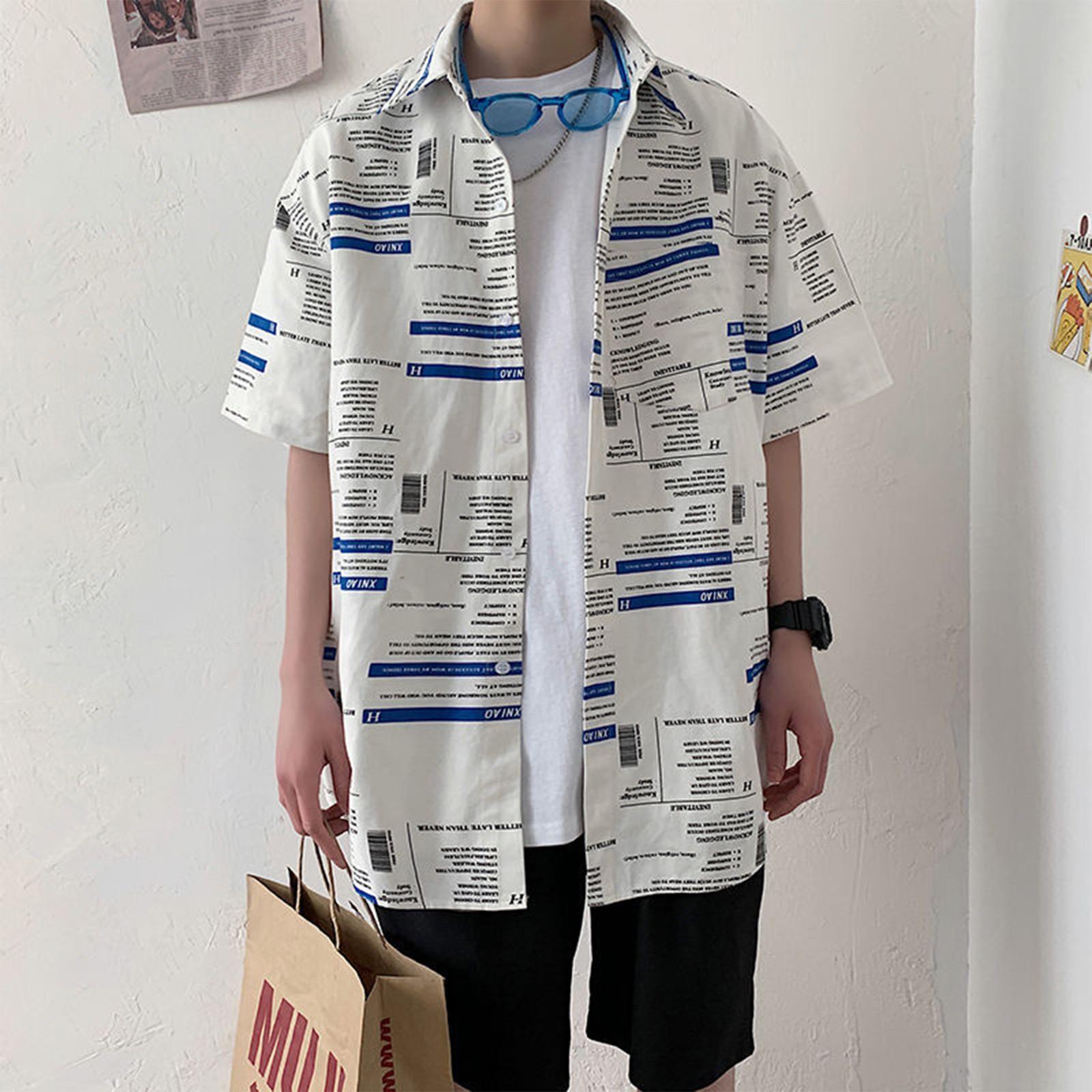 

(Острая курица)Мужская повседневная универсальная рубашка с короткими рукавами и принтом на лацканах, топ XL белый