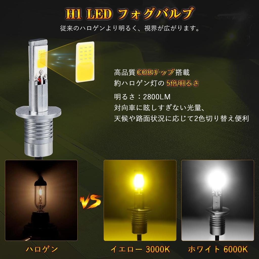 Futwod LED Fog Lights H1 White/Yellow Dual Color Switching (3000K Yellow, 6000K White) - High Brightness, Replacement Bulb, 12V, COB Chip, 2800LM, Fan