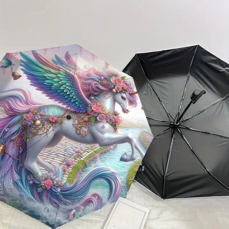 1pc Fantasy Unicorn with Wings Umbrella with Plastic Handle,Suitable for All Seasons Home Travel Outdoor UmbrellaDD434