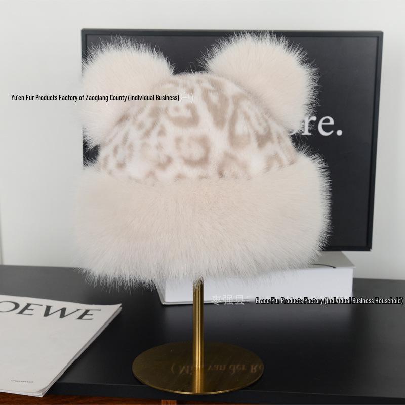 Leopard Print Bear Ears Plush Hat with Fleece Lining - Women's Warm Autumn/Winter Ear Protection