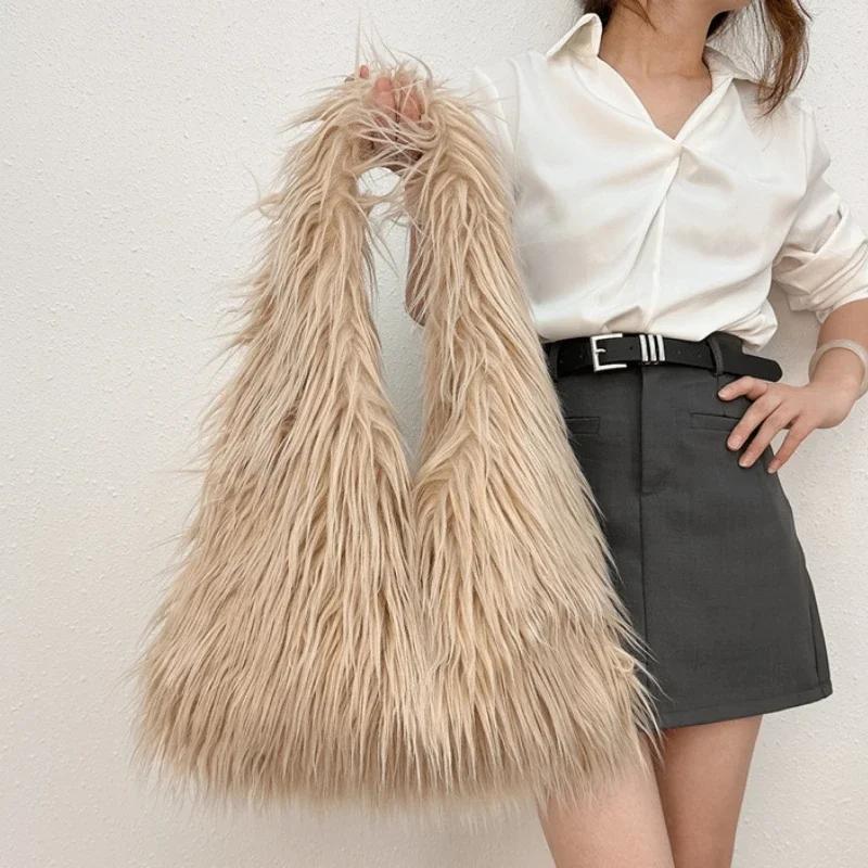 Wolle Damen Plüsch Schultertaschen Y2k Mädchen Kunstpelz Kordelzug Beuteltasche Mode Damen Pelzige Geldbörse Tragetaschen