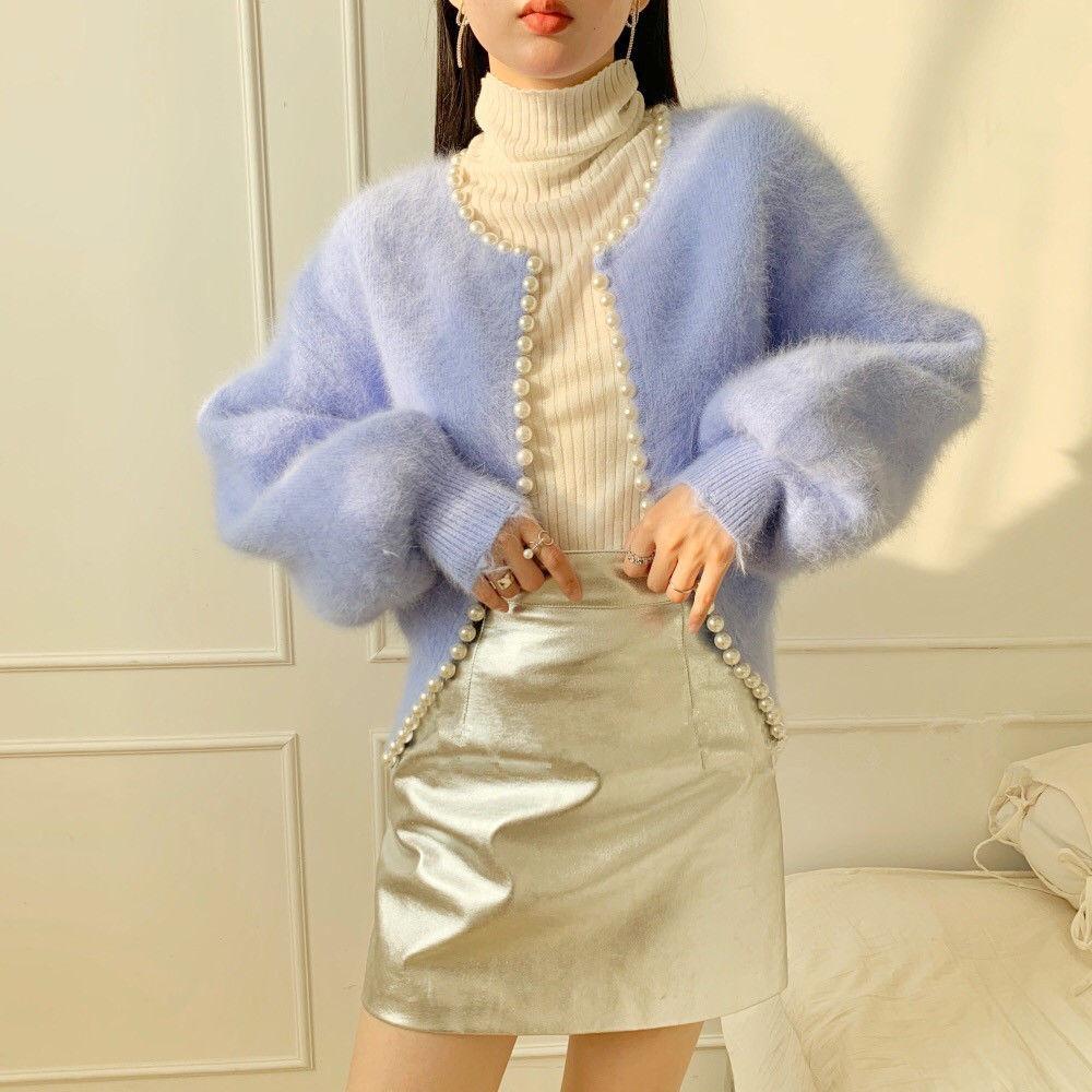 2022 Ladies Pearl Knit Lantern Sleeves Imitation Mink Fleece Sweater Cardigan Jacket Women