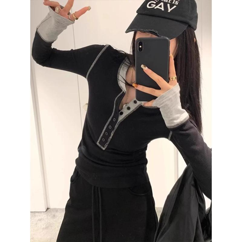 Korean Series Contrast Color Knit T-shirt Women Autumn 2024 New Long Sleeve Inner Wear Slim Fit Short Round Neck Base Top