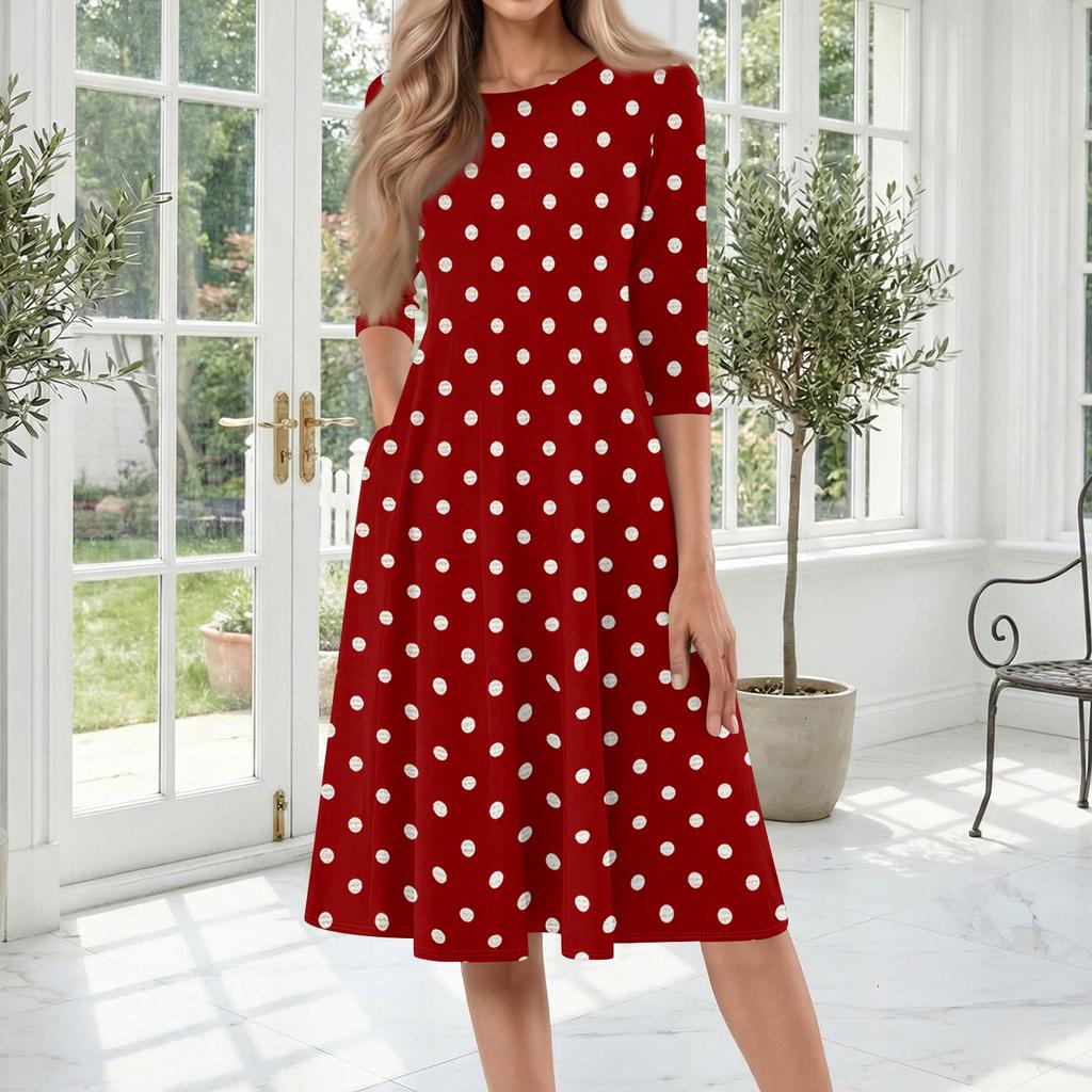 Women's Casual Fashion Round Neck Three Quarter Sleeve Polka Dot Printed Mid Length Dress Comfortable Loose Fit Everyday Wear