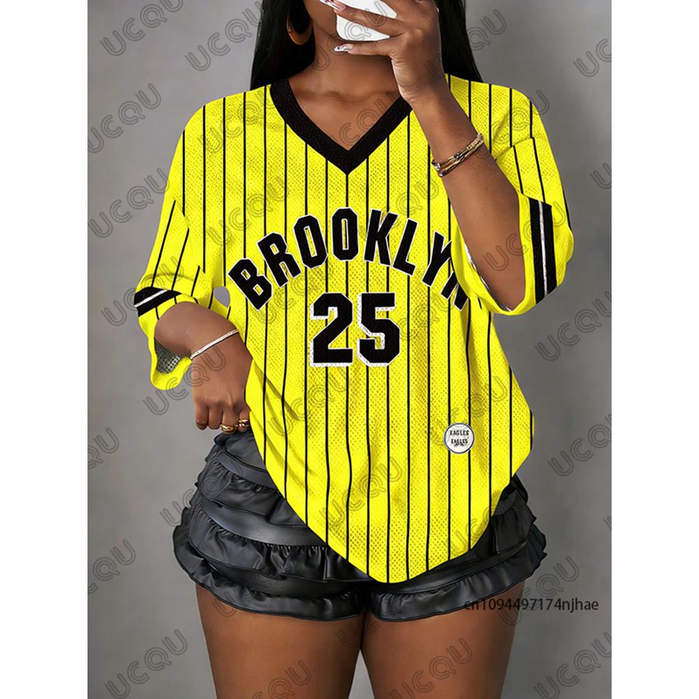 Oversized T Shirt For Women V-Neck Short Sleeve Summer Stripe Brooklyn No.25 Print Sports Tops Casual Football Jersey Y2k Tees