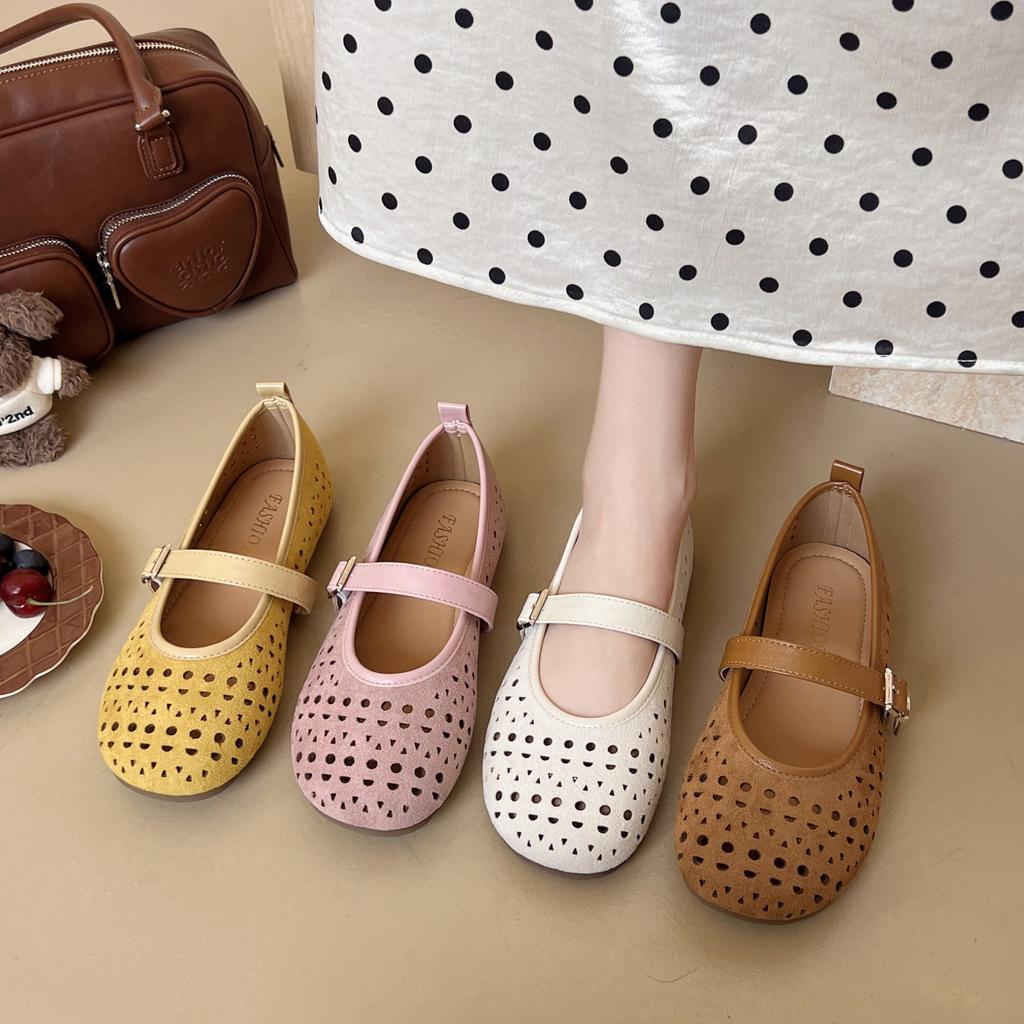 Round head soft sole shallow mouth single shoes new one-word buckle breathable hollow flat bottom low heel Mary Jane shoes comfortable shoes