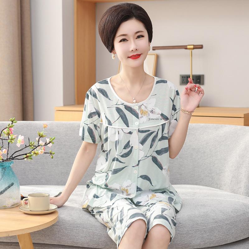 Summer Cotton Capris Pajamas Set Floral Print Pajama for Women Leisure Pyjamas Soft Lapel Pijamas