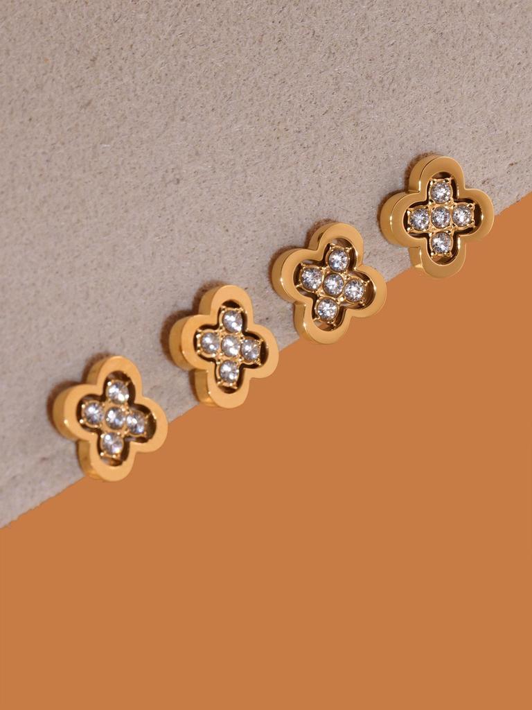 Qiong Yao 18K Gold Plated Four-Leaf Clover Zirconia Stud Earrings & Necklace Set