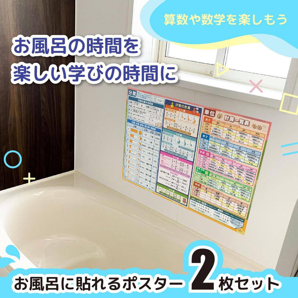 Bath Posters Set of 2 Educational Posters for Elementary and Junior High School Entrance Exams A2 Size Waterproof Made in Japan Suitable for Desk Mats