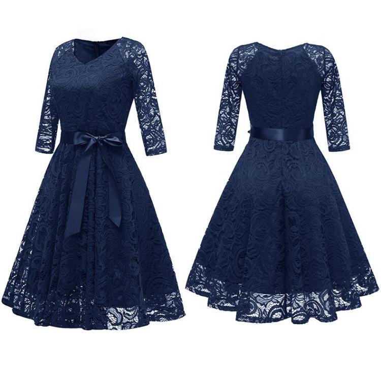 Vintage Floral Lace Bridesmaid Dress 3 4 Sleeve A Line with Ribbon Belt Tea Length Cocktail Party Evening Occasion Outfit Day Wear