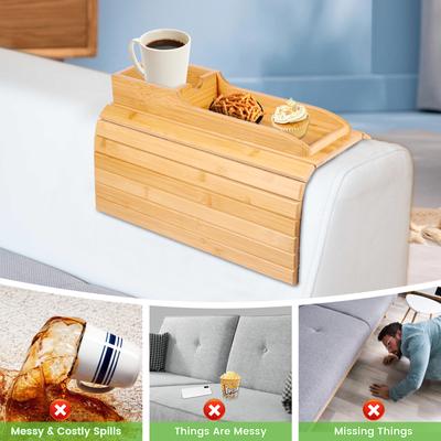 Bamboo Sofa Tray Table Couch Cup Holder Natural Armrest Tray Foldable Sofa Cup Holder Anti-Slip Couch Arm Cup Holder for Cups