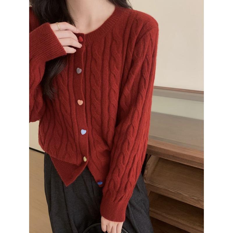 Autumn and winter sweet color love button knitted cardigan fashion twist versatile soft waxy sweater jacket women