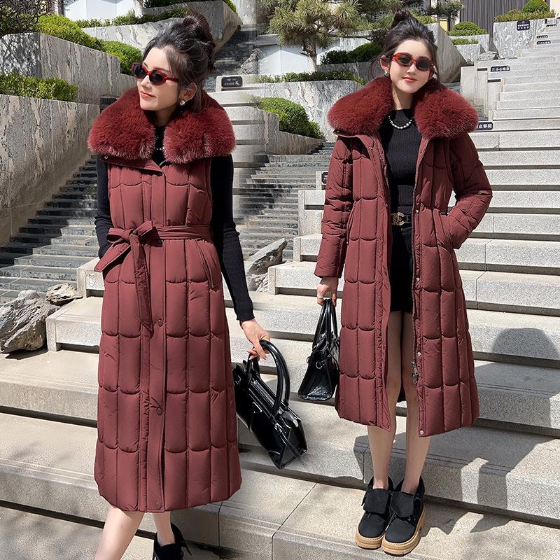 New fur collar long cotton-padded clothes for women with waist and thin thickened warm cotton-padded jacket with removable sleeves and large-size j
