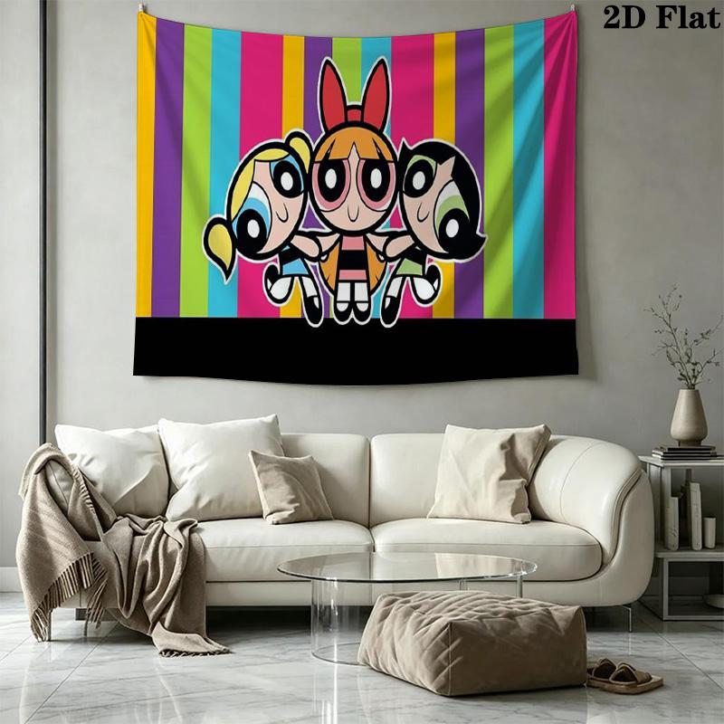 Cartoon Powerpuff Wall Tapestry Aesthetic Wall Hanging Printed Fabric Blanket Decorative Tapestries for Bedroom Living Room Home Decor
