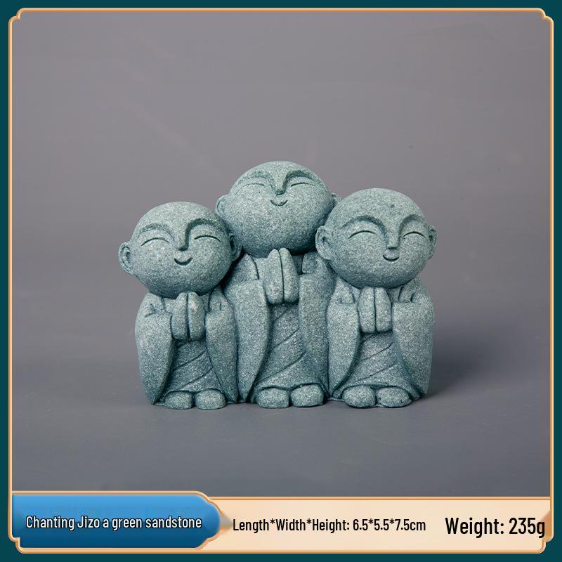 Kyoto Jizo Fish Tank: Japanese Monk Bonsai Ornament in Green Sandstone.