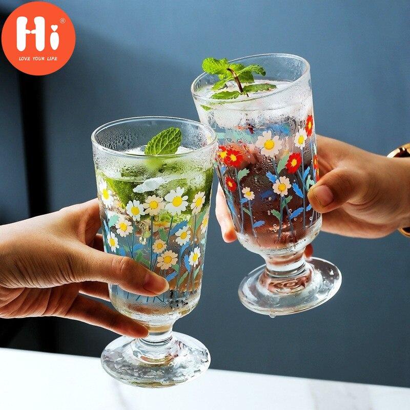 Hi Glass Cup Lovely Ručně malované Flowers Goblet Ice Cream Cup 280ml