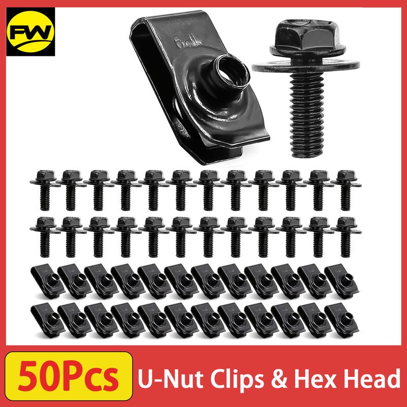 50pcs 1/4 U-Nut Clips & Hex Head Automotive Body Fender Bolts Kit for Cars Fender, Engine Undertray Cover & Bumper Fender Liner 50PCS