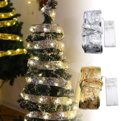 Christmas Tree Decorations, 32Ft 100 LED Christmas Tree Copper Wire Ribbon Silk Bows Lights, Battery Operated & USB Powered String Lights