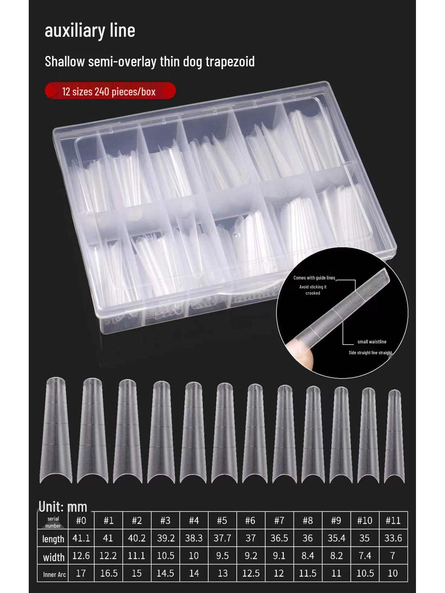 

Ультратонкие бесшовные типсы для ногтей «Полумесяц» с D-кривизной и линией позиционирования для французского маникюра.