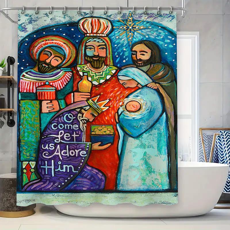 Vibrant Nativity Shower Curtain For Christmas Decorations Handmade Artistic Religious Home Decoration.