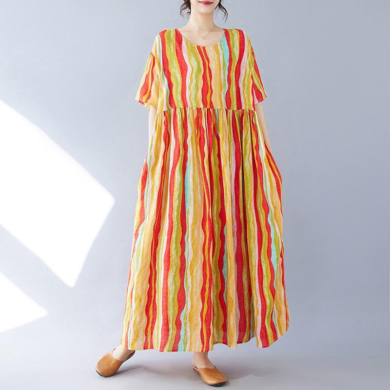 

Новое хлопковое винтажное платье в полоску с коротким рукавом больших размеров для женщин, повседневное свободное длинное летнее платье