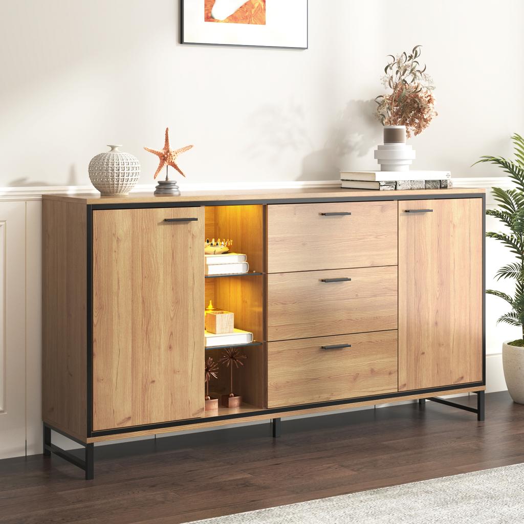 Sideboard with Three Drawers, Exquisite Grain. Modern Sideboard In Wood Color with Storage Compartments. Black and Wood Color.