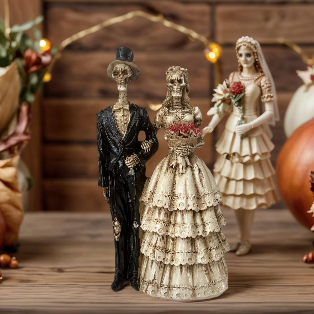 1 Halloween Couple Skeleton Statue Ornament, Vintage Wedding Dress Style, Home Desktop Party Decoration, Spooky and Romantic Atmosphere Item