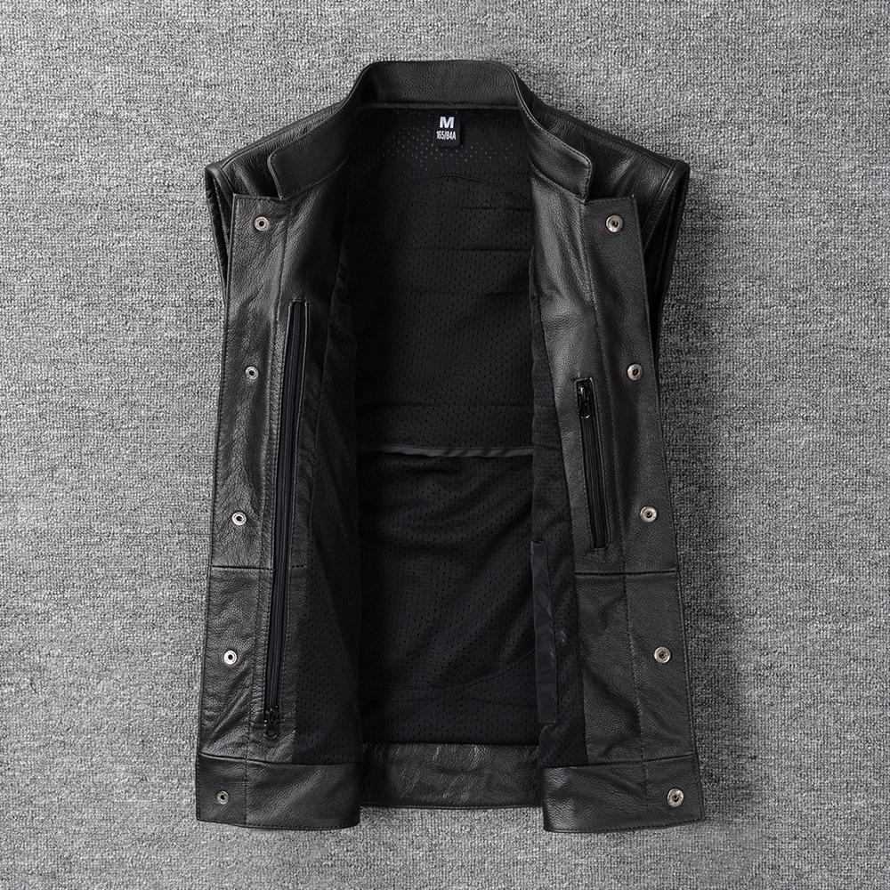 Black Genuine Cow Leather Vest Men Motorcycle Vests Slim Fit Men's Moto Club Biker Waistcoat Spring Summber