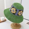 Straw Hat Bohemian Floral Pattern Foldable Beach Hat Wide Brim Hollow Design Bucket Hat Breathable Summer Accessory