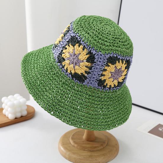 Straw Hat Bohemian Floral Pattern Foldable Beach Hat Wide Brim Hollow Design Bucket Hat Breathable Summer Accessory