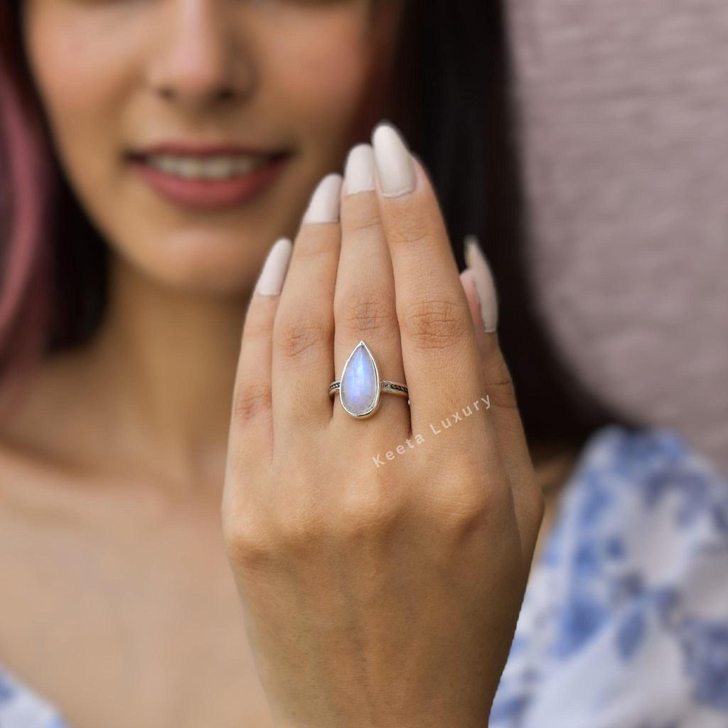 Natural Moonstone Ring Rainbow Moonstone Handmade Ring Moonstone Ring for Women Healing Gemstone Ring Moonstone Pear Ring Unique Gifts