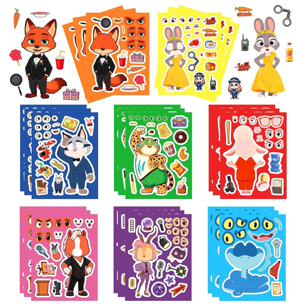 8/16sheets Anime Zootopia 2 Puzzle Stickers Cartoon Make a Face Decals Assemble Jigsaw Education Toy Decoration Sticker