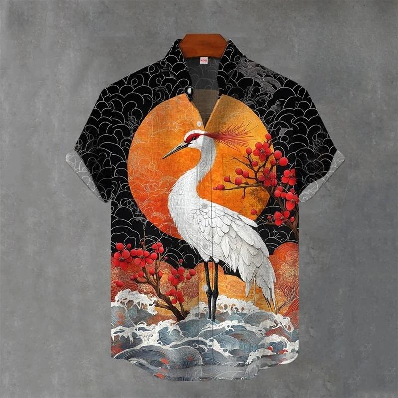 Japanese Animal Graphic Men's Shirt Summer Casual Short Sleeve Tops Hawaiian Tiger Shirts Men Oversized Lapel Button T-Shirt Man