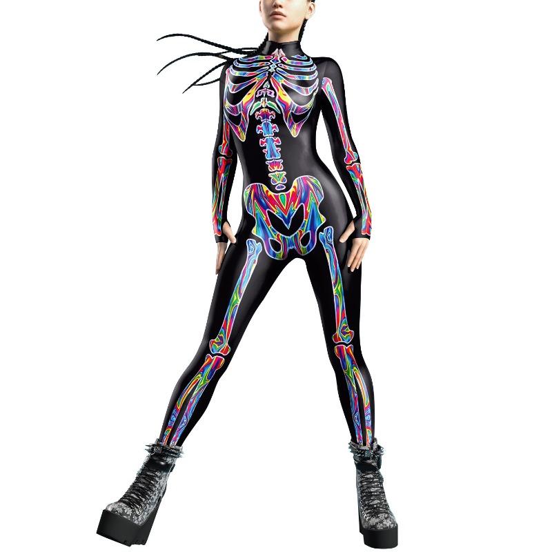 New Halloween Muscle Human Skeleton Digital Printing Button Hand Skinny Elastic Women's onesie Women's