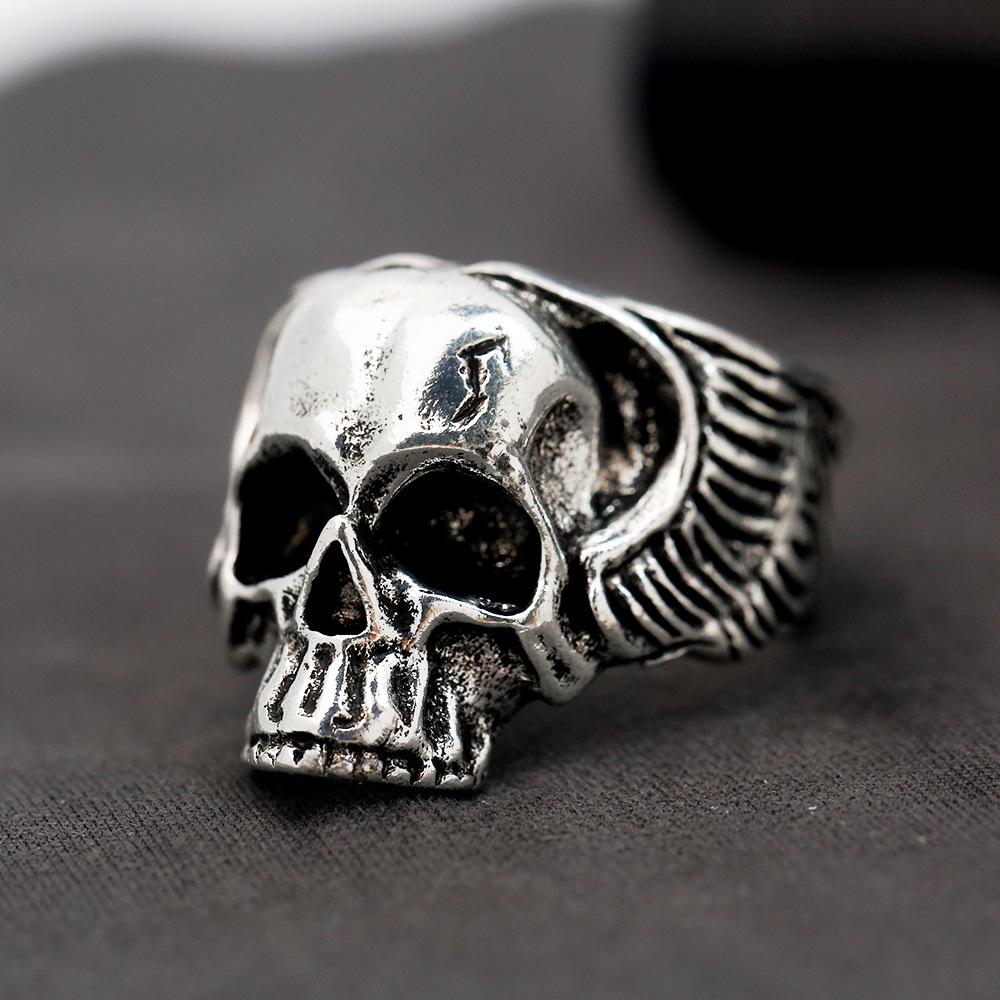 Retro Wings Skull Ring For Men Silver Color Punk Gothic Rock Hiphop Open Ring Handmade Designer Biker Accessories Gift