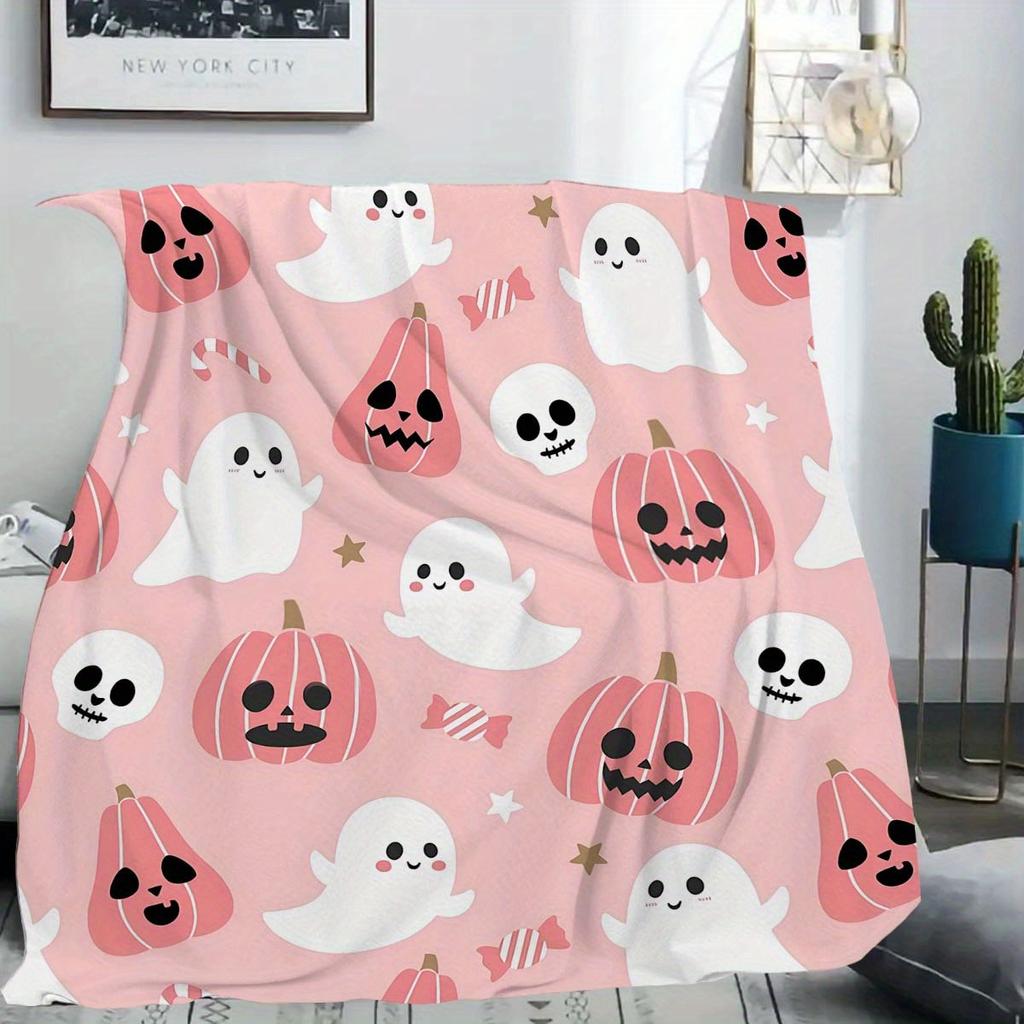 Cozy Pink Pumpkin Skull Print Flannel Throw Blanket - Soft, Durable & Versatile for Travel, Sofa, Bed, Office Decor