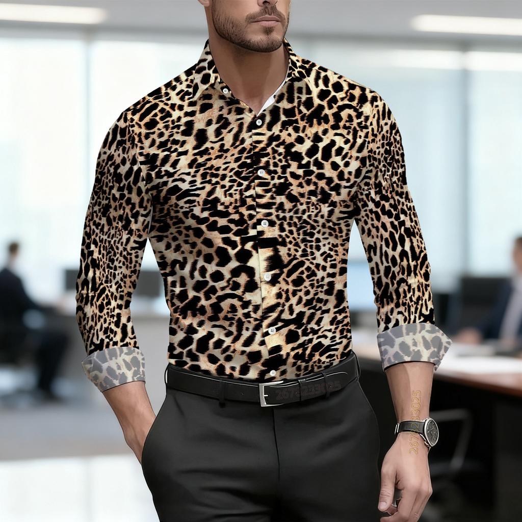 2026 Nuova Camicia da Uomo Personalità Retrò Stampa Leopardata Manica Lunga Business Slim Fit Tendenza Moda Top Casual da Uomo