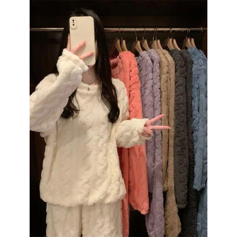 

Velvet Thickened round Neck Pajamas Set Fleece-lined Thick round Neck Pajamas Suit Blue Small size [40-60kg]