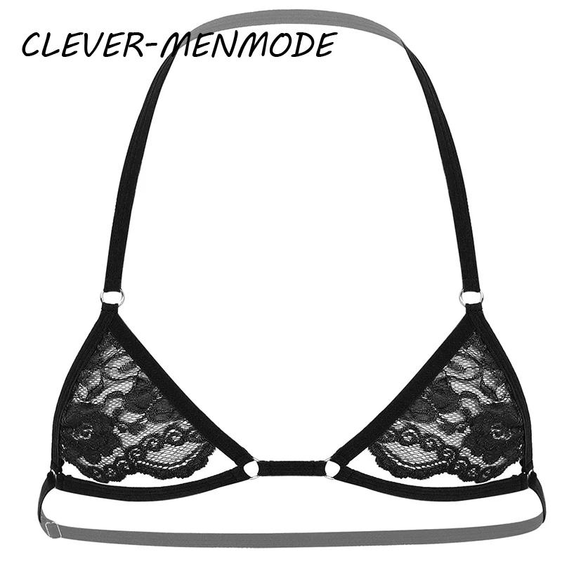 Sexy Mens Sheer Lace Lingerie Exotic Open Bras Gay Sissy Nightwear Halter Neck Adjustable Straps Wire-free Unlined Mini Bra Top