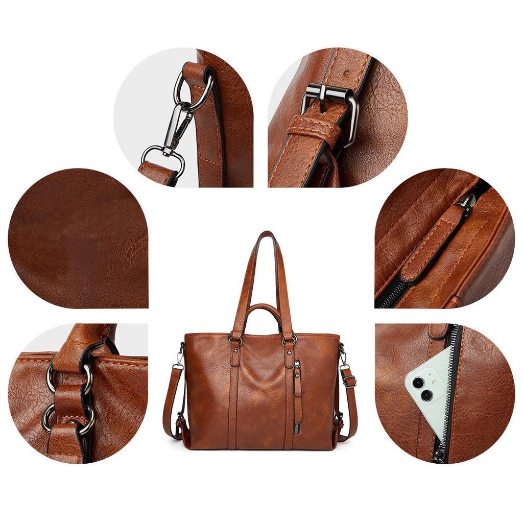 2024 Autumn Large-Capacity Retro Waxed Leather Shoulder & Crossbody Tote Bag for Women