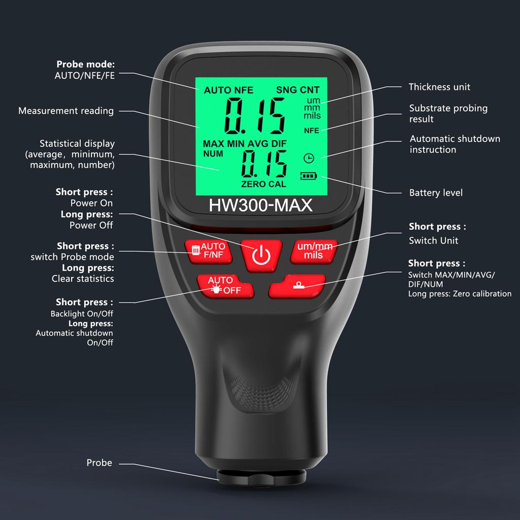 0 2000UM Thickness Gauge High Precise LCD Digital Automobile Film Thickness Meter Car Paint Coating Thickness Tester